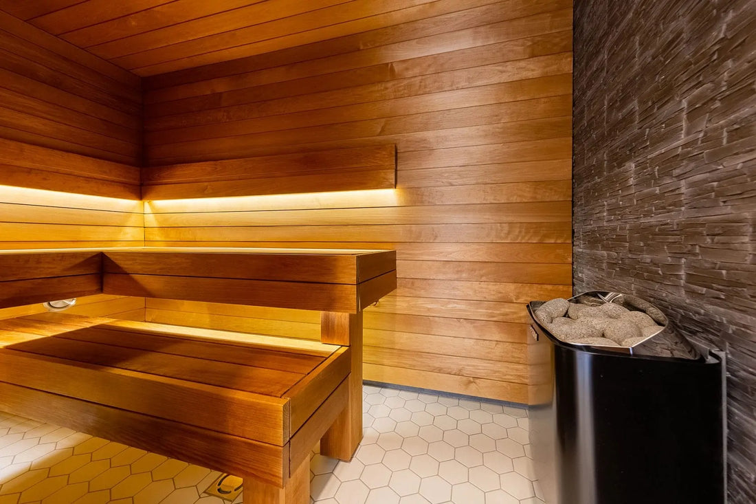 Banco de madera para sauna con cubo