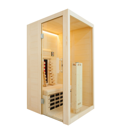 Mínima sauna de infrarrojos con puerta de cristal.