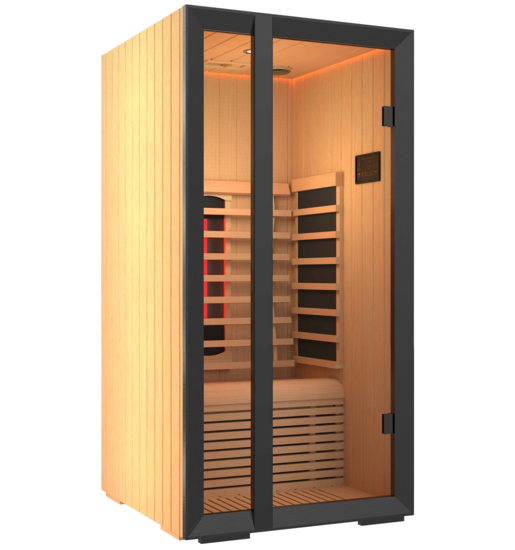 Sauna de infrarrojos Onni con puertas de cristal y diseño acogedor.