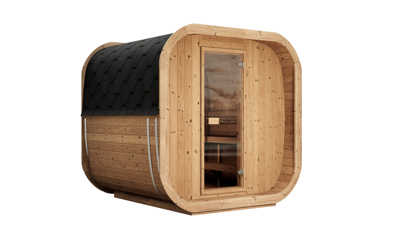 Saunamo Cubo 220: moderna sauna de madera con ventana y puerta de cristal.