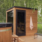 Sauna exterior Nordic Dawn con puerta de cristal y bancos de madera.