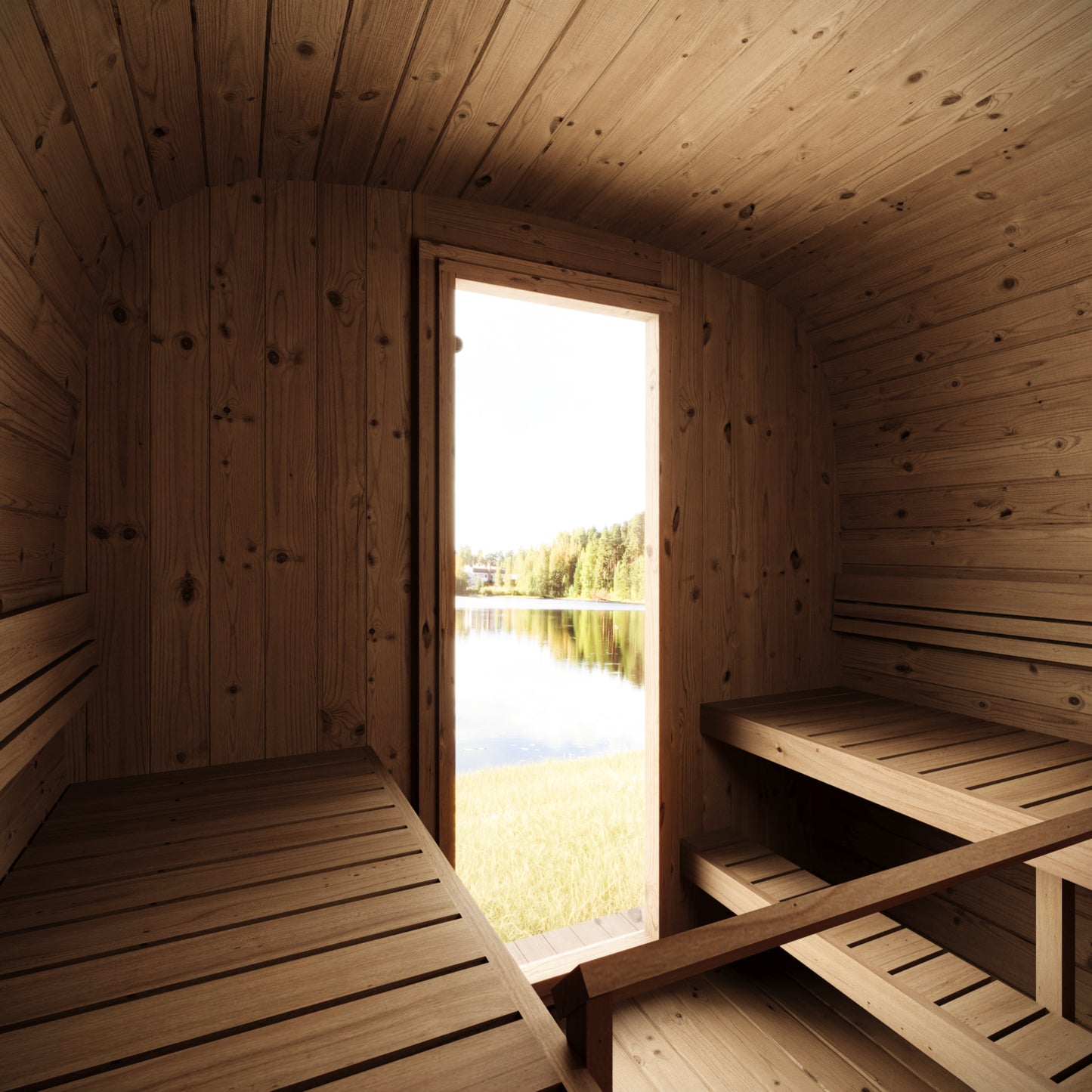 Saunamo Cubo 220 de madera con vistas al agua.