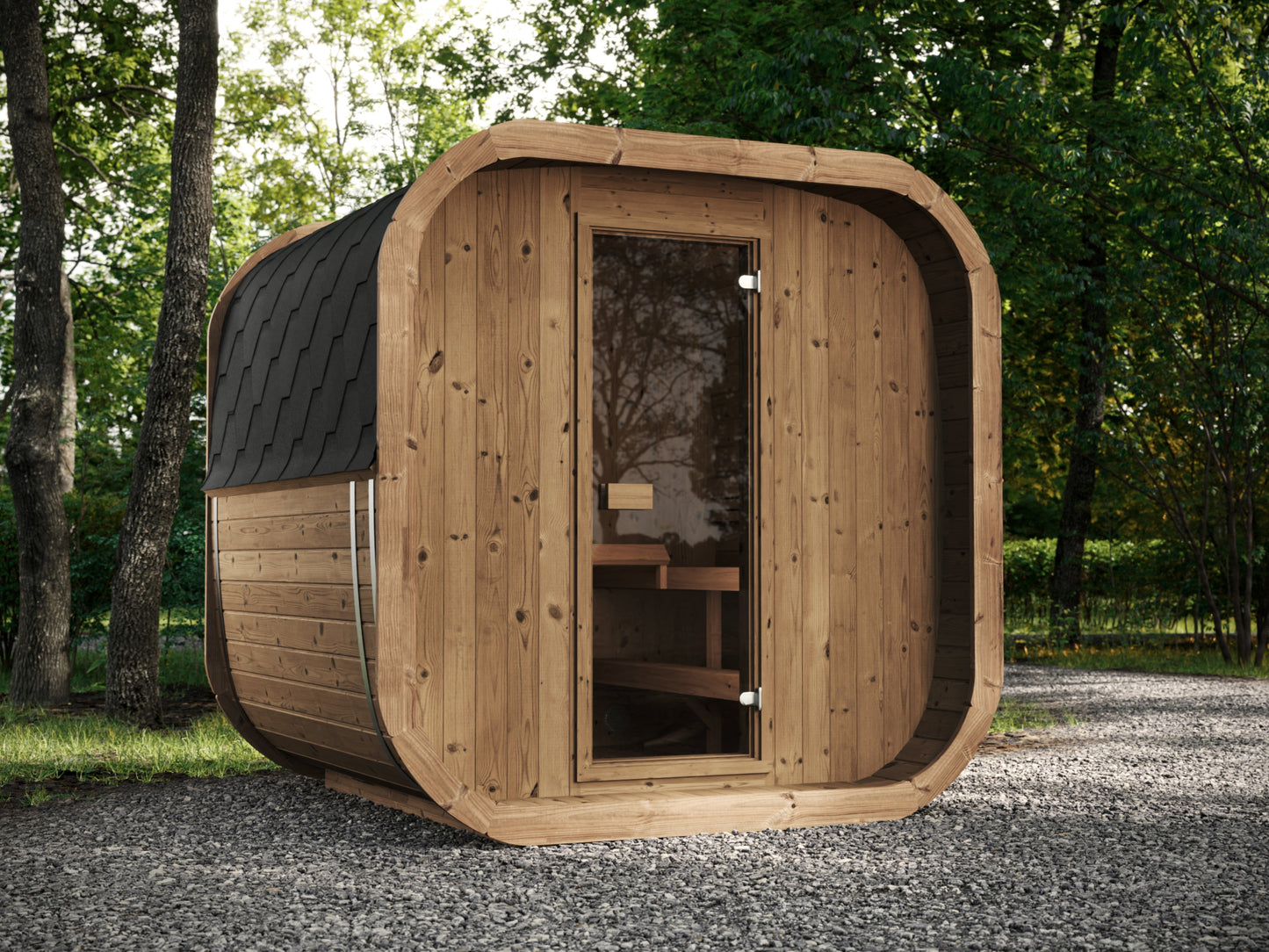 Saunamo Cube 220: moderna sauna de madera con puerta de cristal.