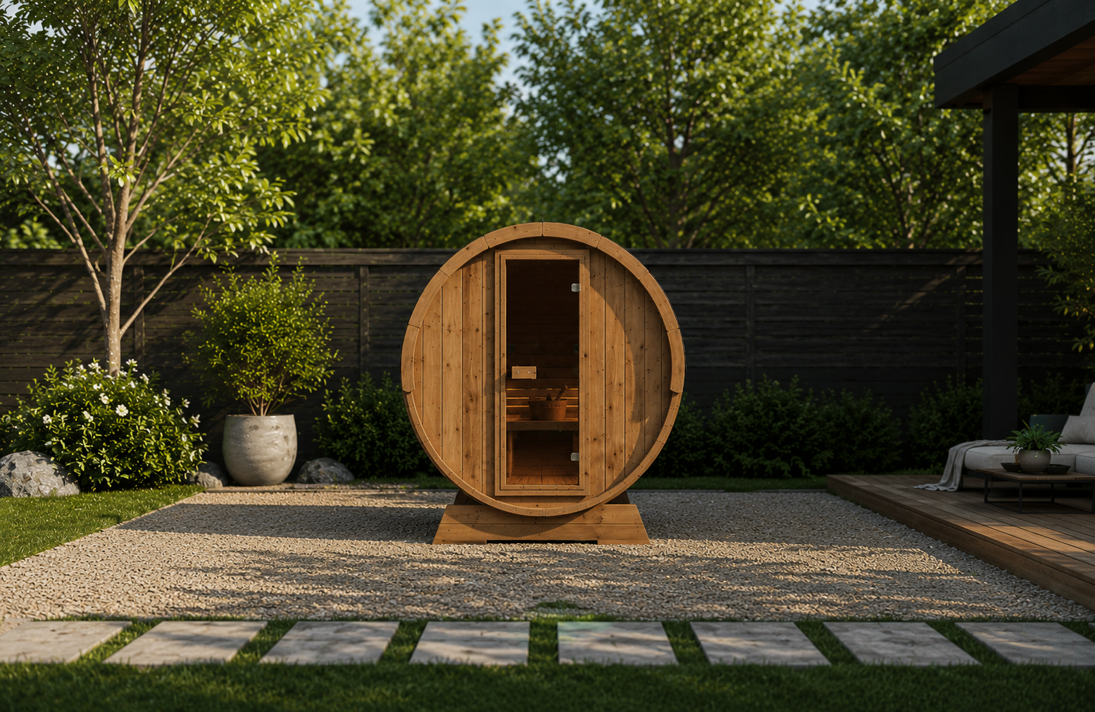 Sauna Exterior Barril 160 — vista frontal com porta de vidro temperado cinza