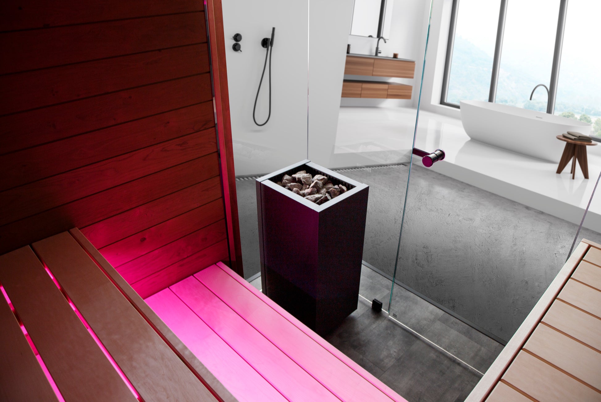 Sauna Block Harvia en un moderno cuarto de baño con un banco rosa y bañera.