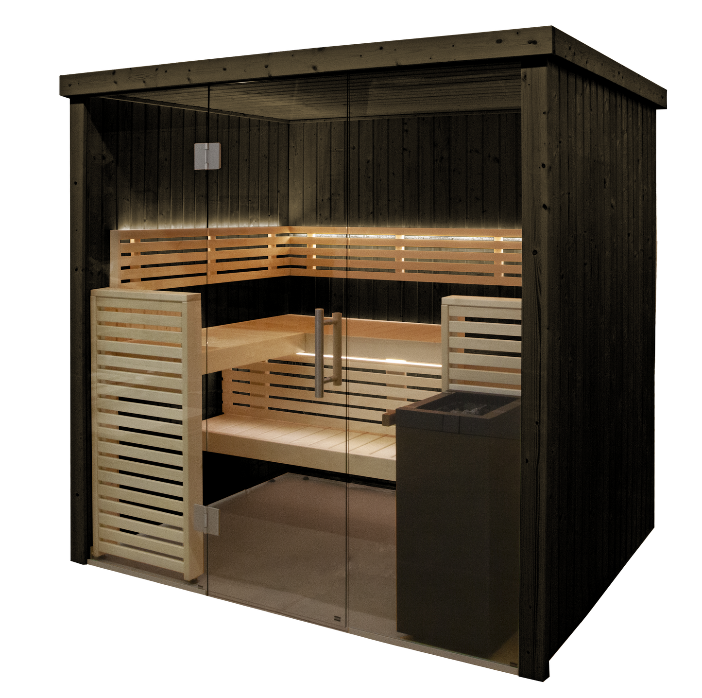 Sauna Fenix con puertas de cristal y asientos transparentes