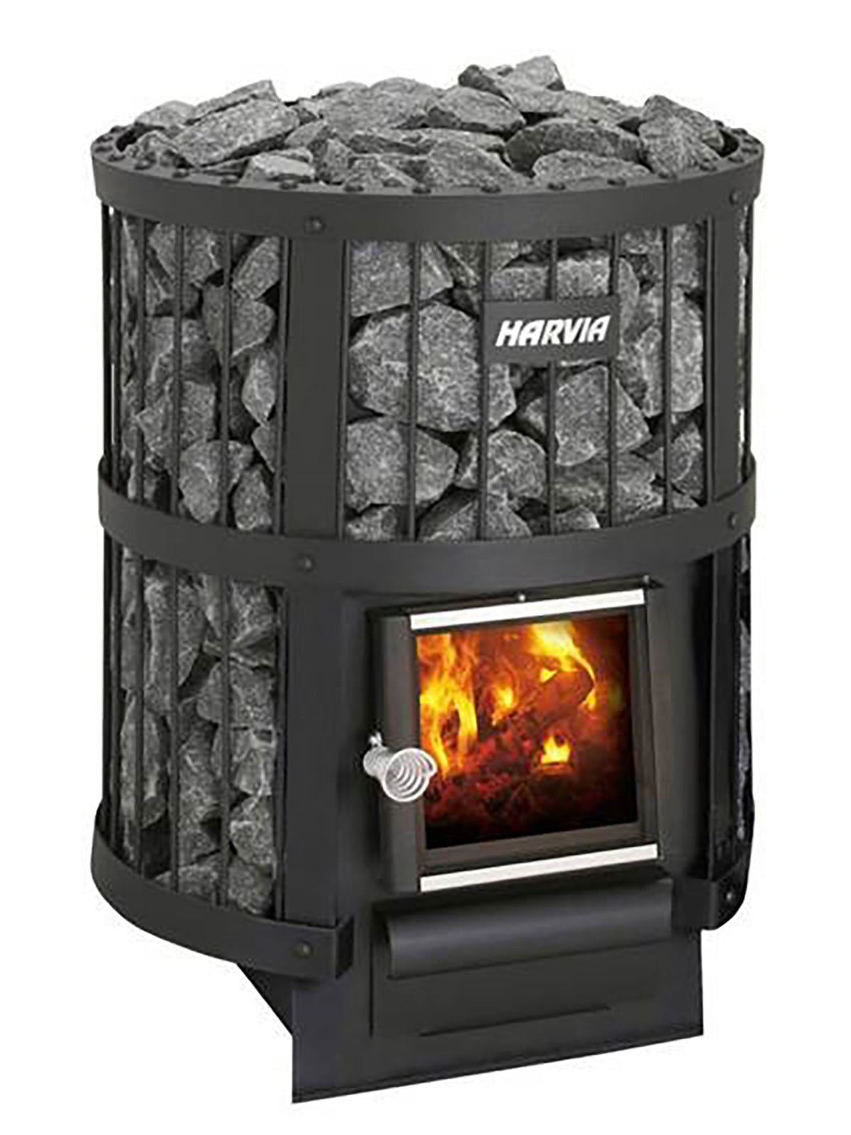 Estufa de leña Harvia Legend 150 con piedras y fuego.