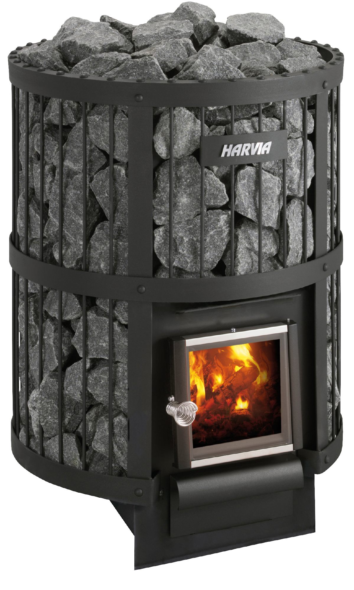 Harvia Legend 240 con piedras visibles y llamas.