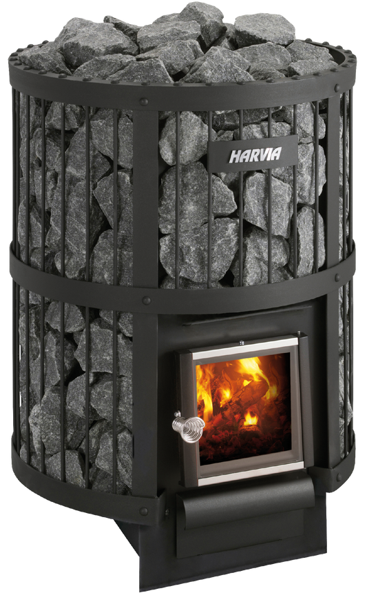 Harvia Legend 240 con piedras visibles y llamas.