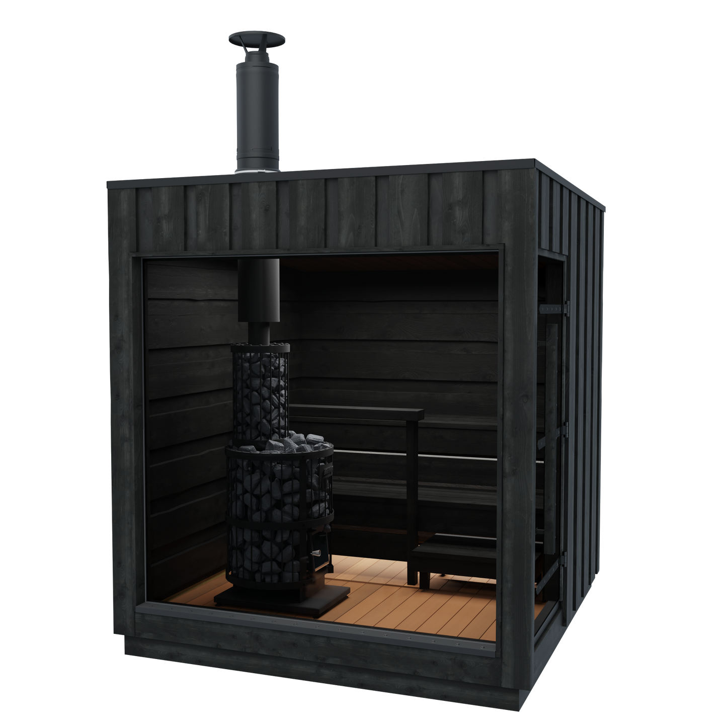 Sauna Legend con chimenea e interior de madera negra.