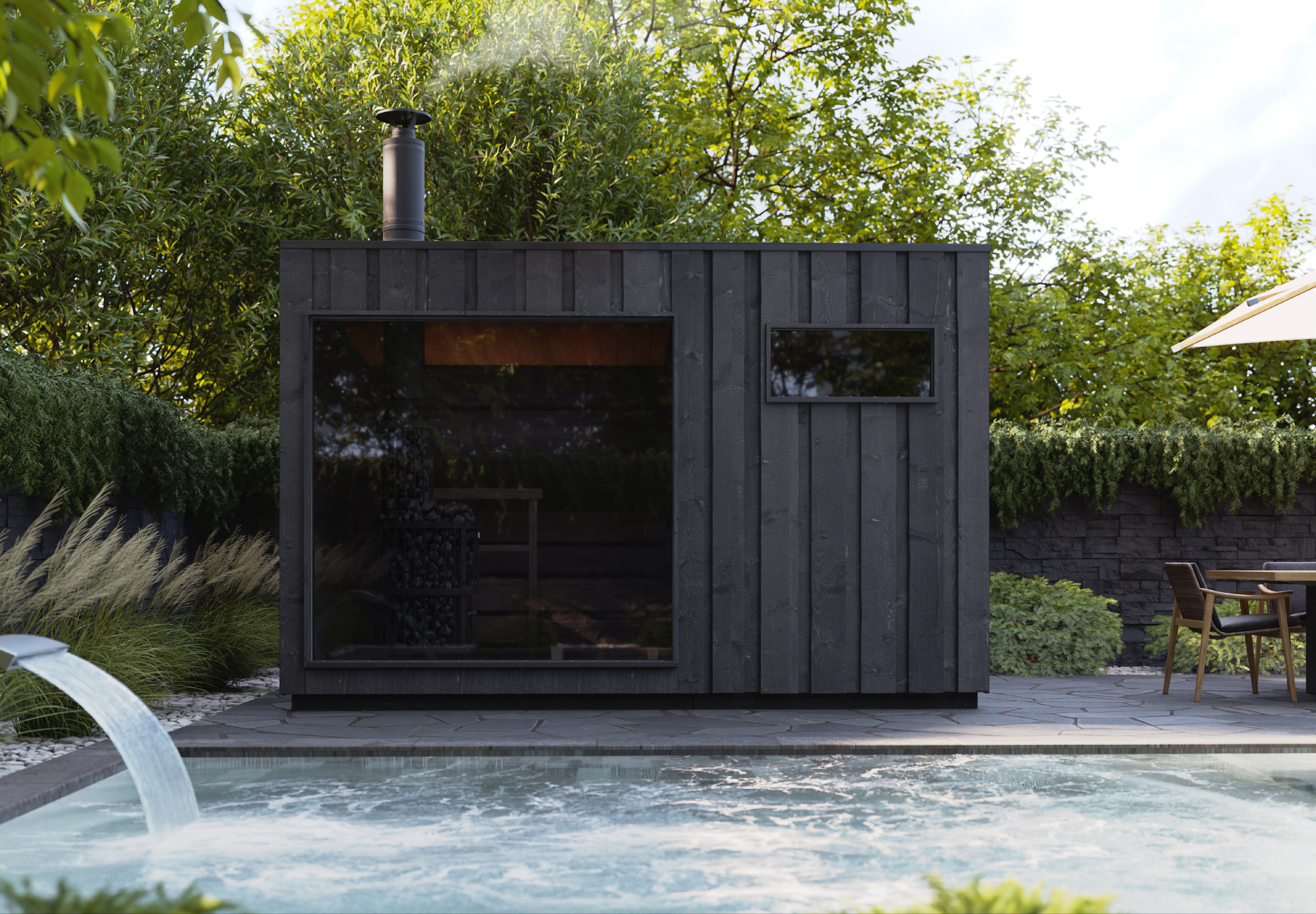 Sauna Legend con ventana panorámica y exterior de madera.