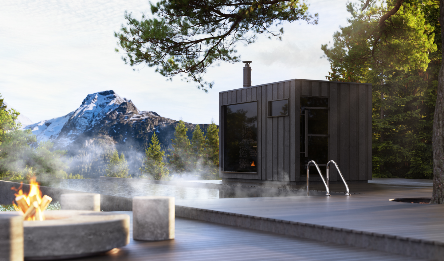 Sauna Legend con ventana panorámica y vistas a la montaña.