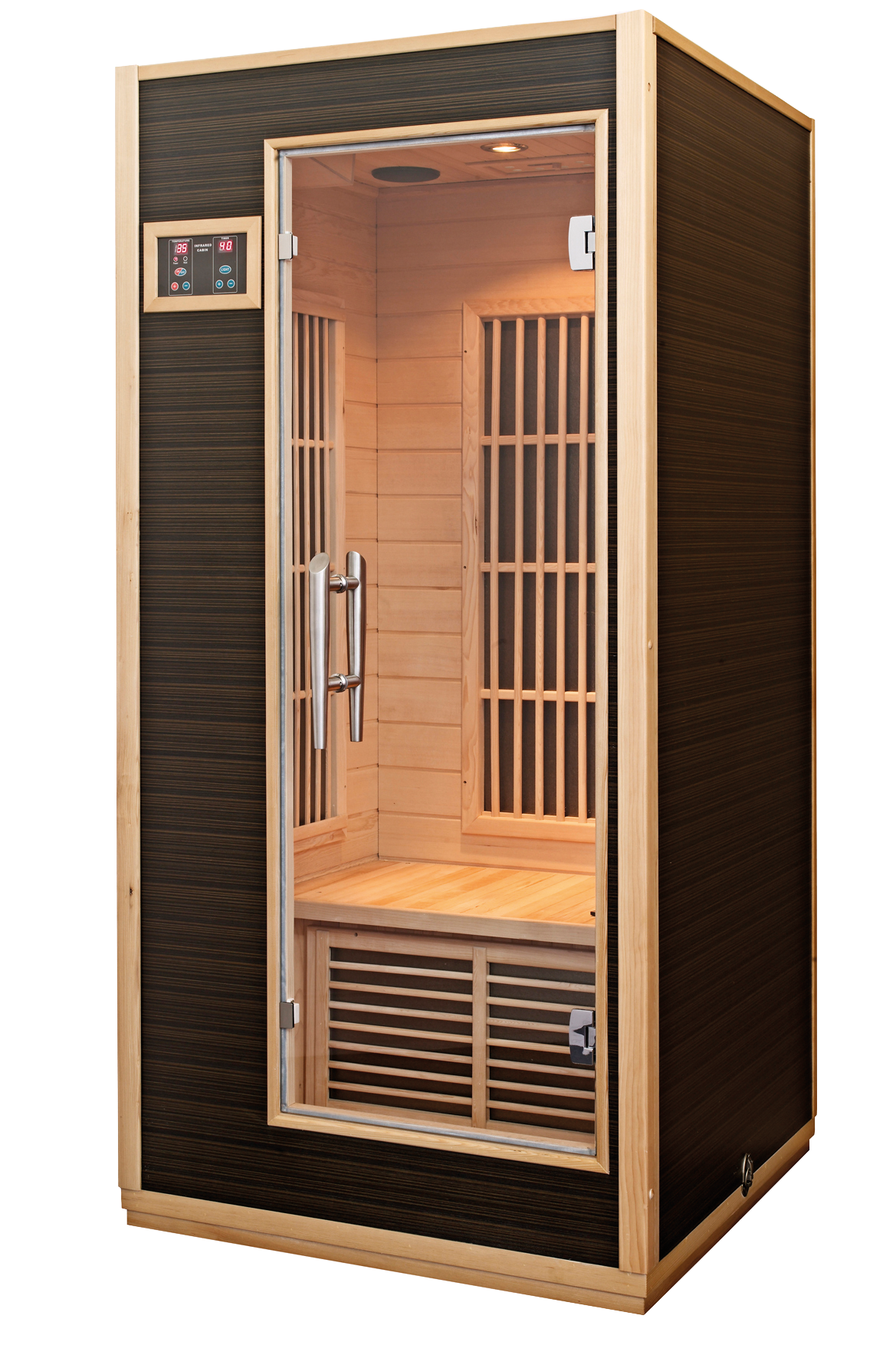 Sauna de infrarrojos radiante con puerta de cristal abierta.