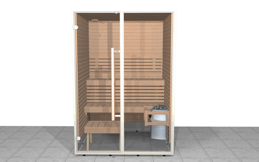 Sauna Sirius con puertas de cristal y diseño moderno.