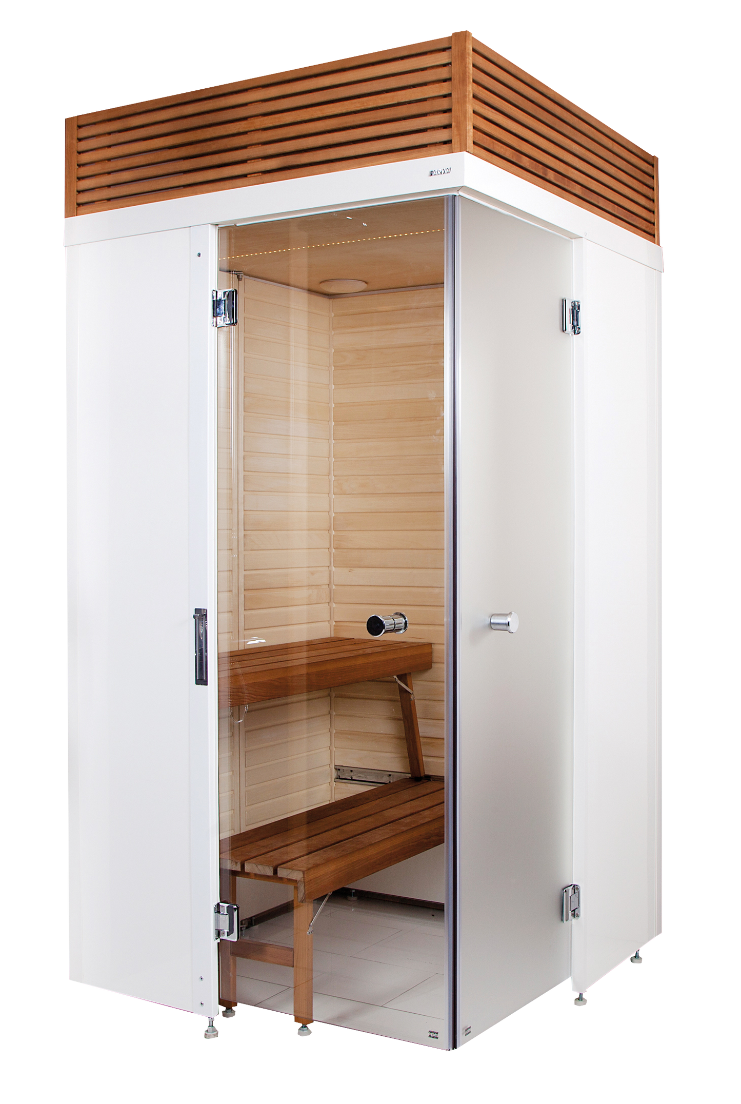 Sauna SmartFold con puerta de cristal y banco de madera.