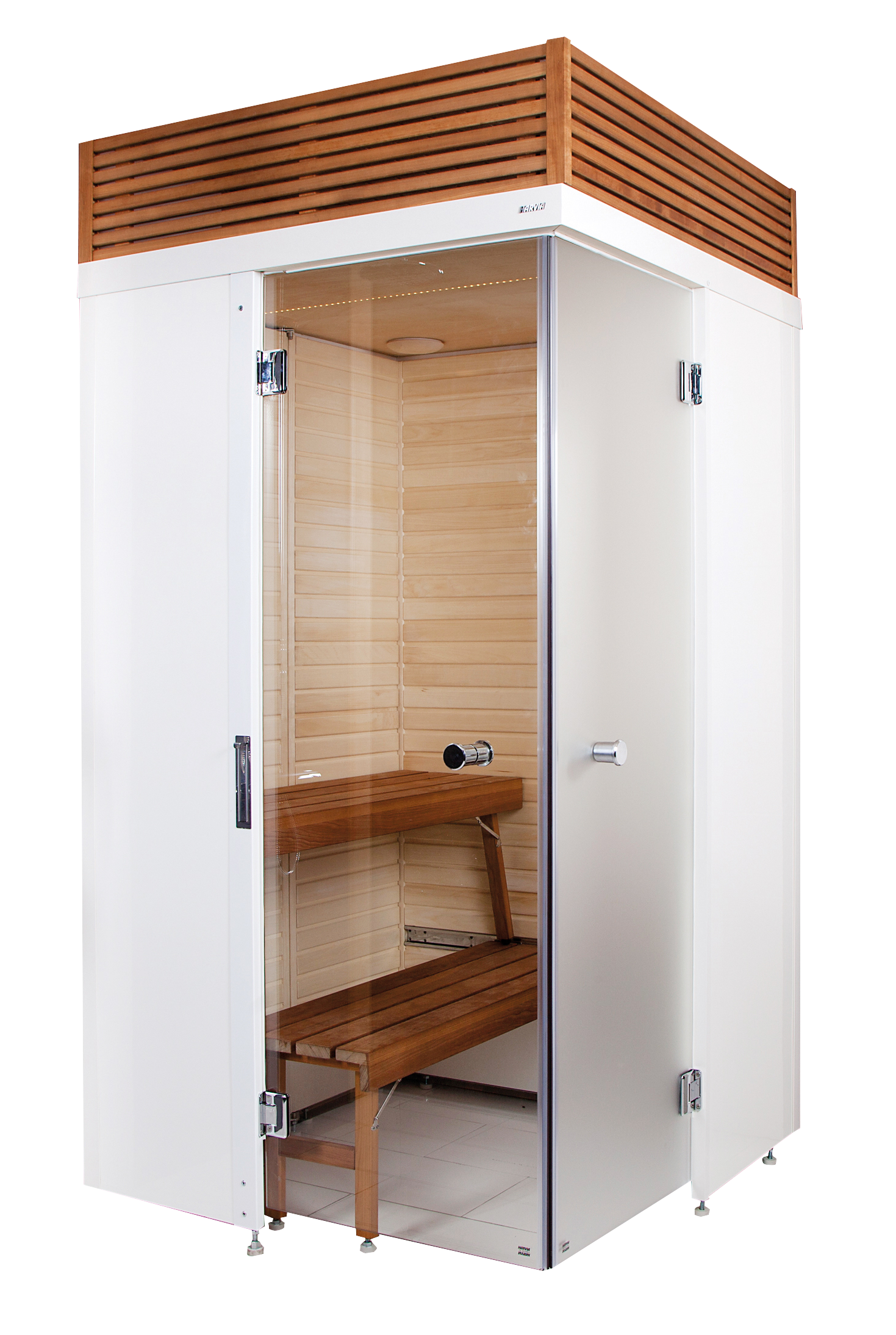 Sauna SmartFold con puerta de cristal y banco de madera.