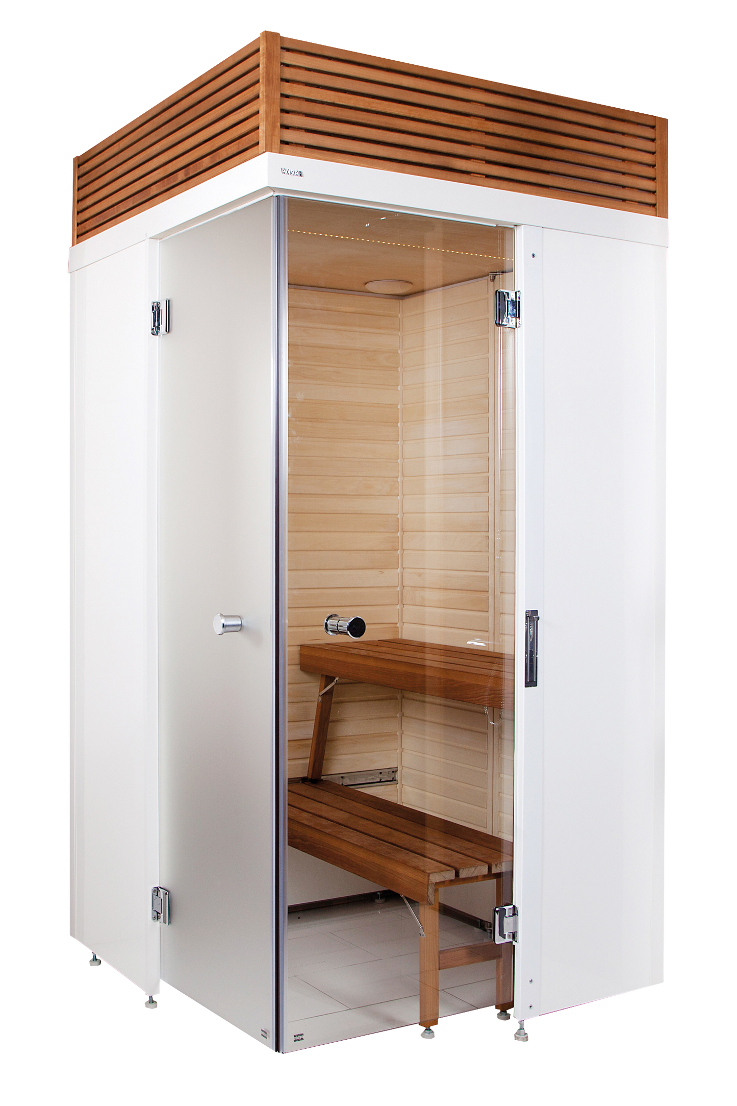 Sauna Smart Fold con diseño plegable y banco de madera.