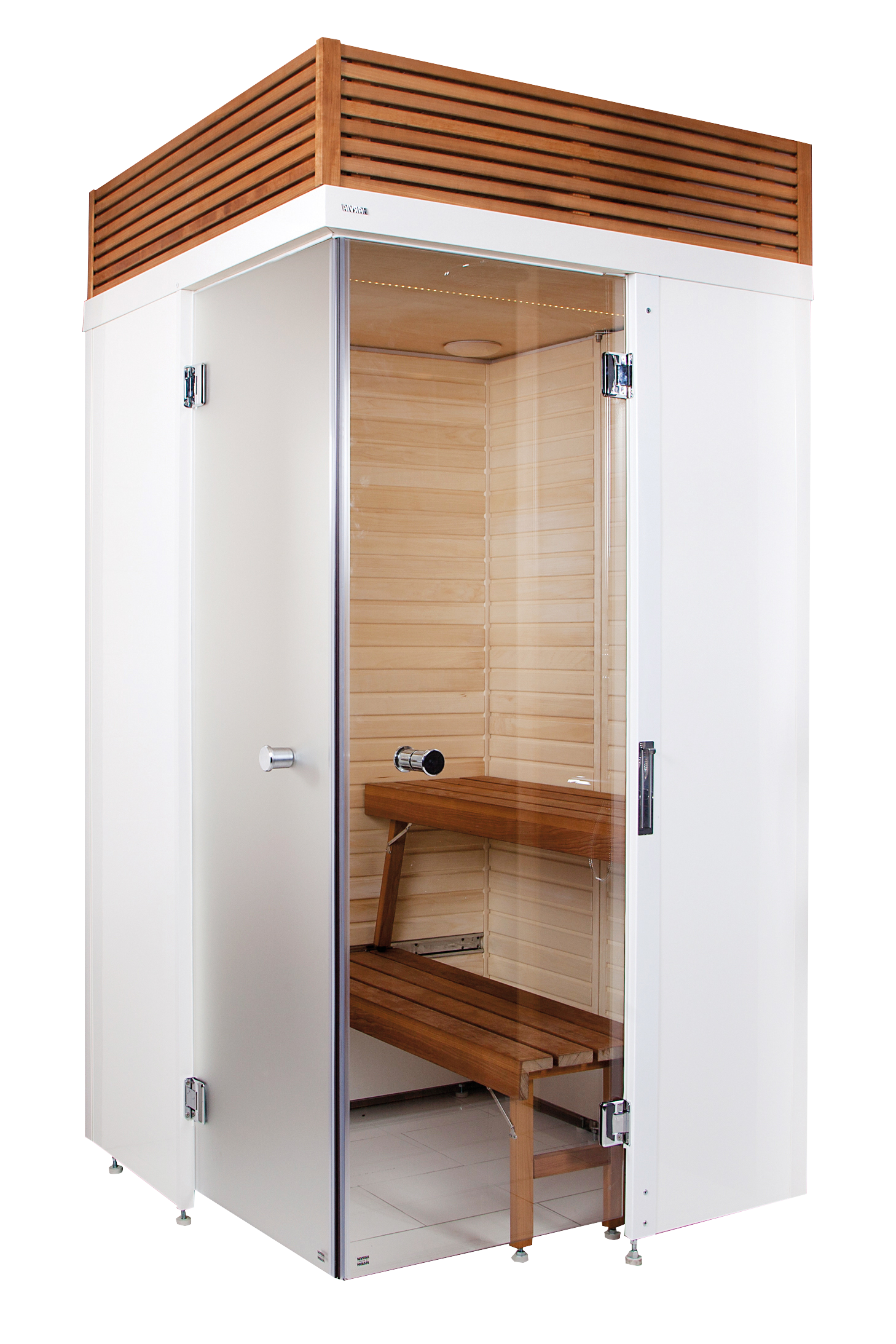 Sauna Smart Fold con diseño plegable y banco de madera.