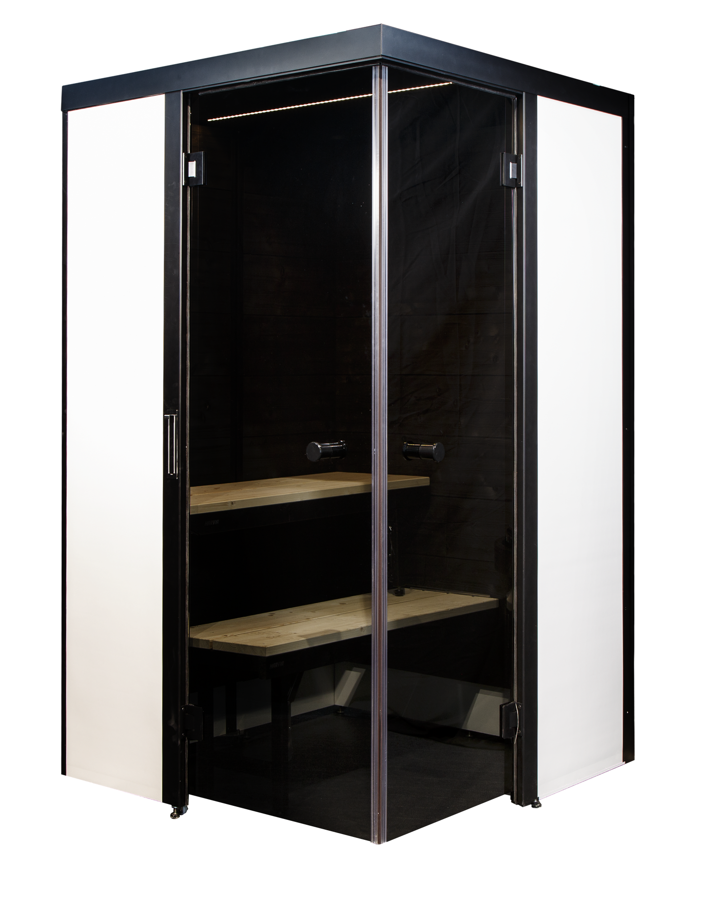 Sauna compacta Smart Fold con puertas de cristal.