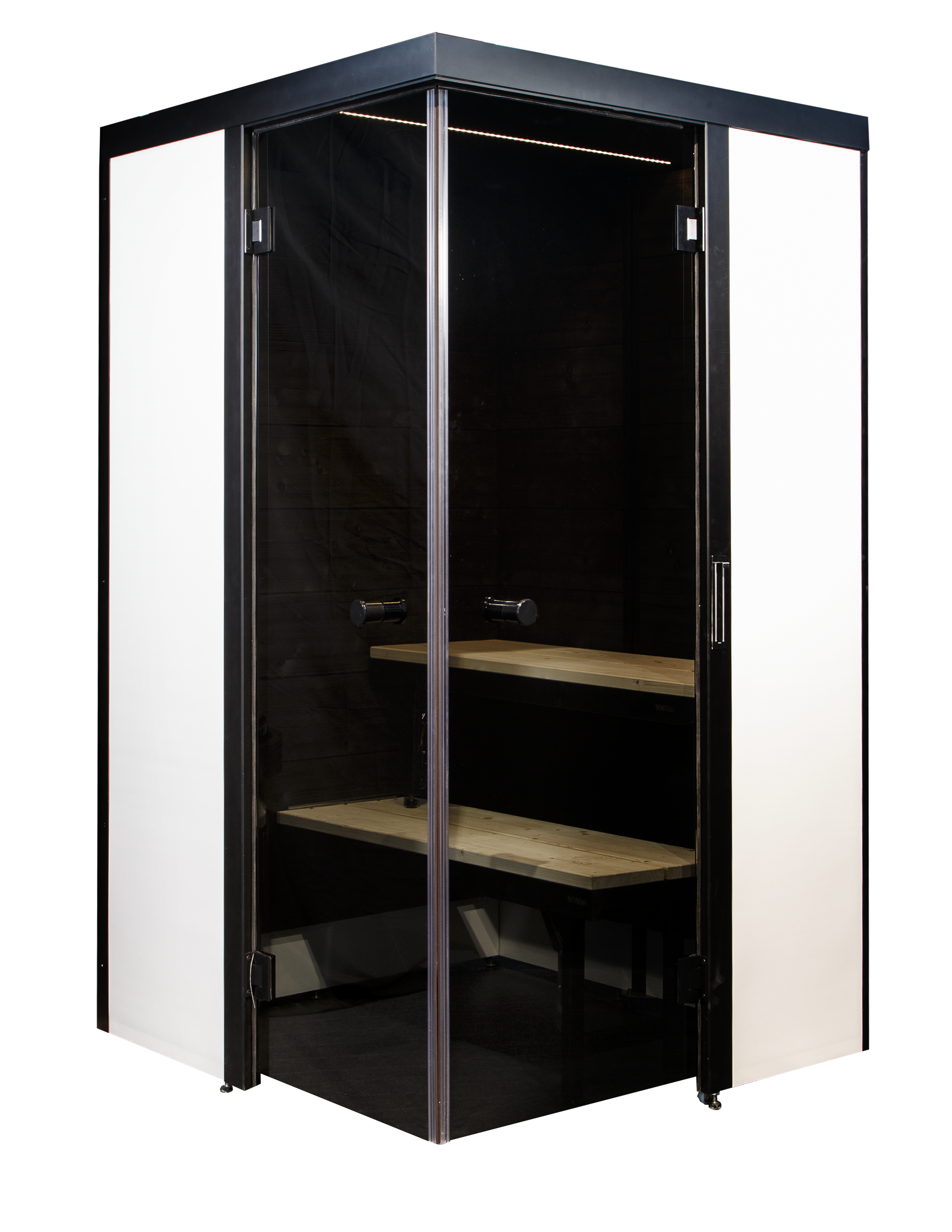 Sauna Smart Fold con puerta de cristal y banco interior.