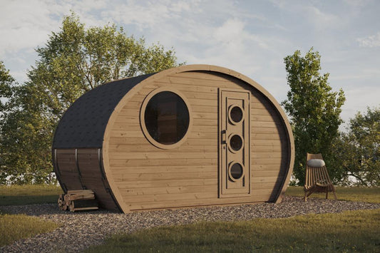 Saunamo Sauna exterior Hobbit 195 con diseño rústico.