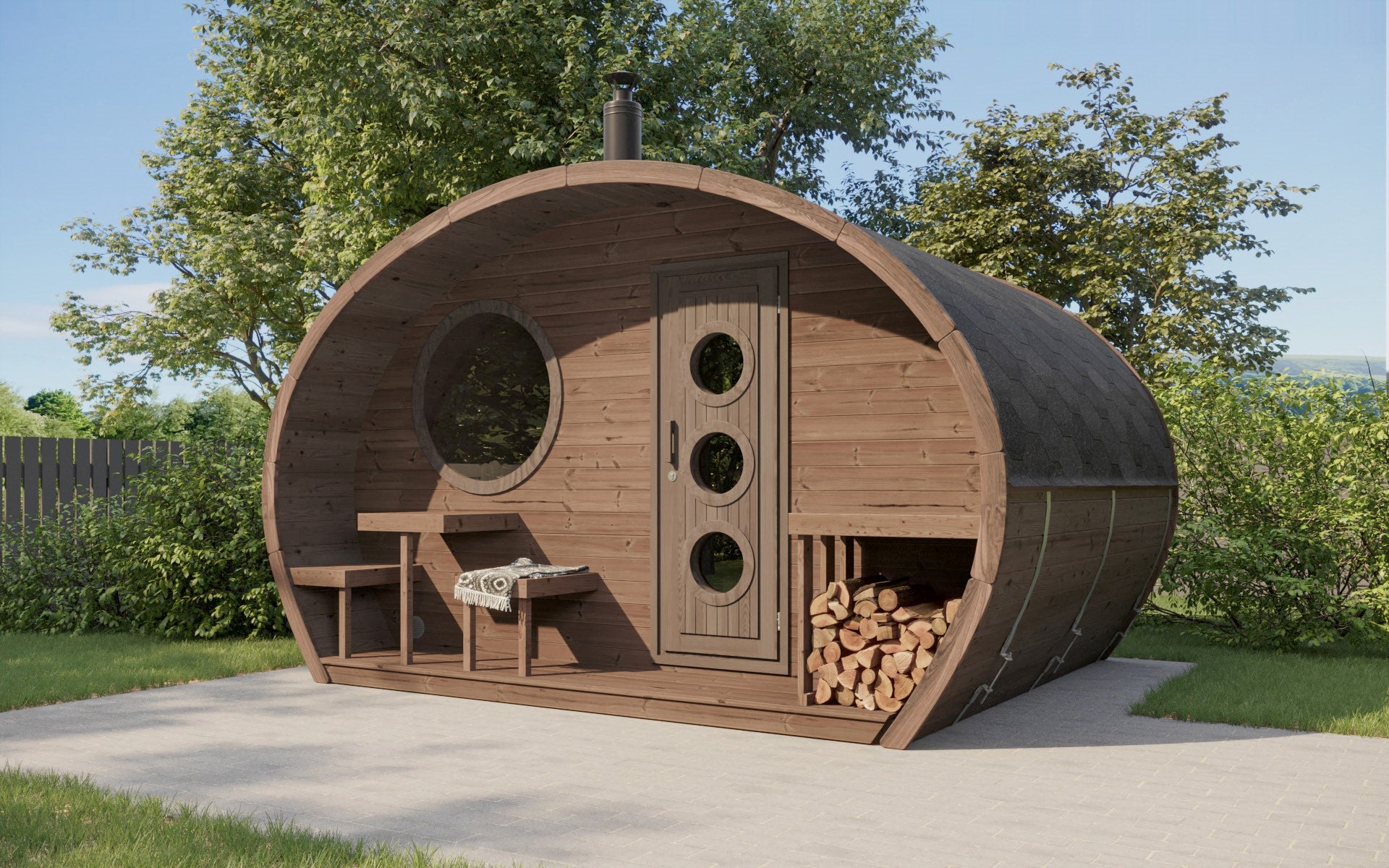 Saunamo Sauna exterior Hobbit 300 con diseño rústico y ventanas redondas.