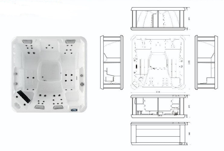 Hidromasaje exterior Jacuzzi Hydra 215 en boceto artístico.