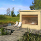 Saunamo Sauna exterior Modular con tumbonas sobre el agua.