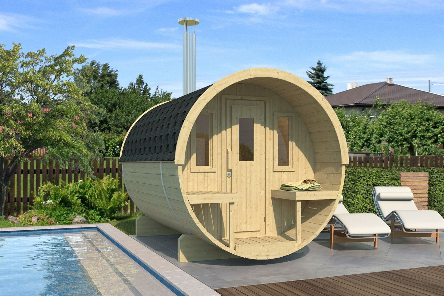 Saunamo Sauna exterior Barrel 235 junto a una piscina.