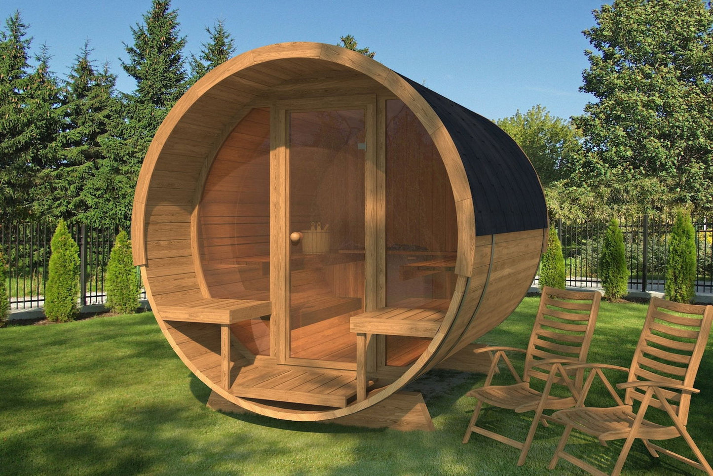 Saunamo Barrel 280 Deluxe: Sauna en forma de barril con frontal de cristal.