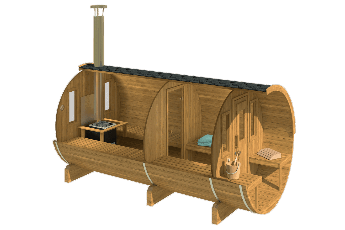 Saunamo Barril 400: sauna en forma de barril con bancos y balcón.