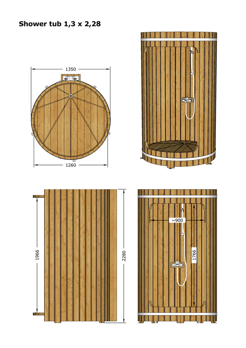 Ducha de barril de madera con un diseño abierto.