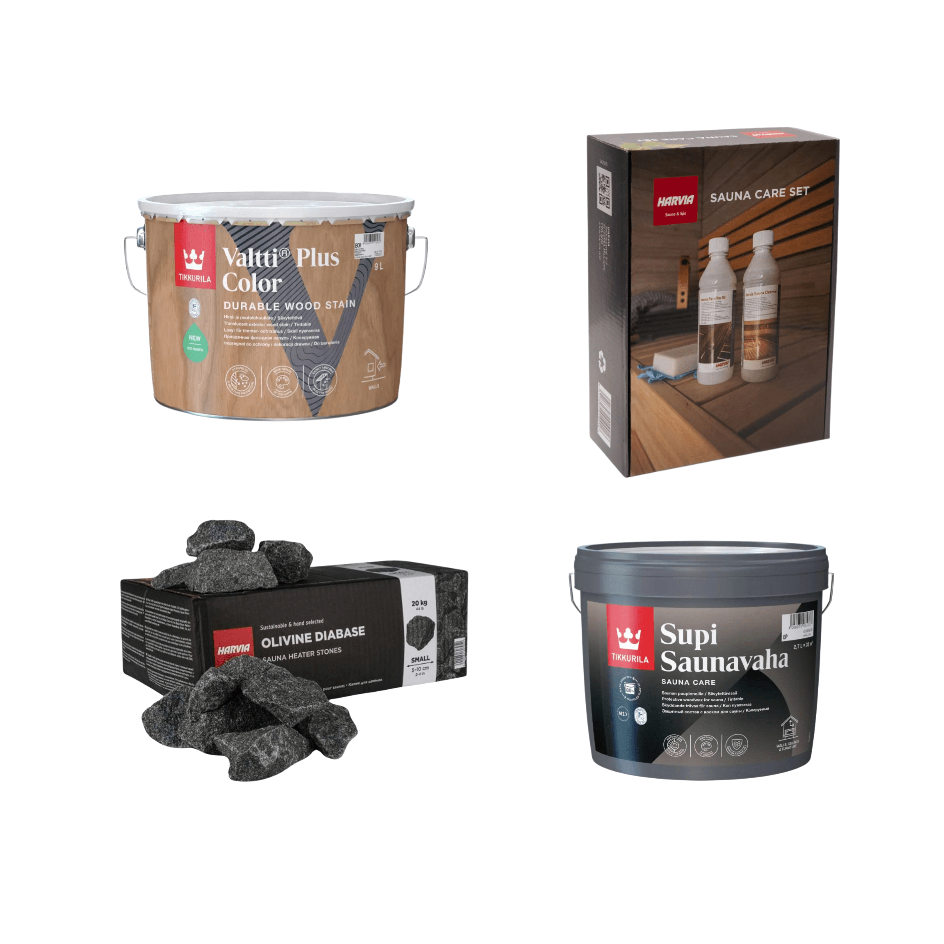 Pacote Completo de Manutenção com baldes, caixas e produtos de sauna.