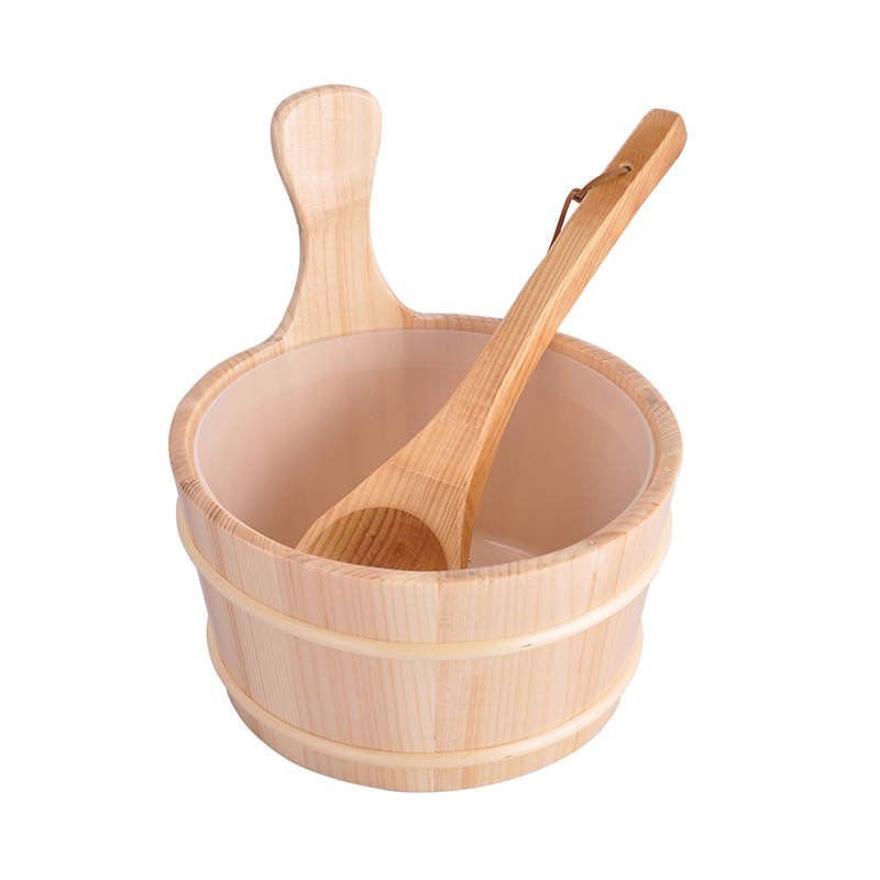 Conjunto de Acessórios para Sauna com balde e concha de madeira.