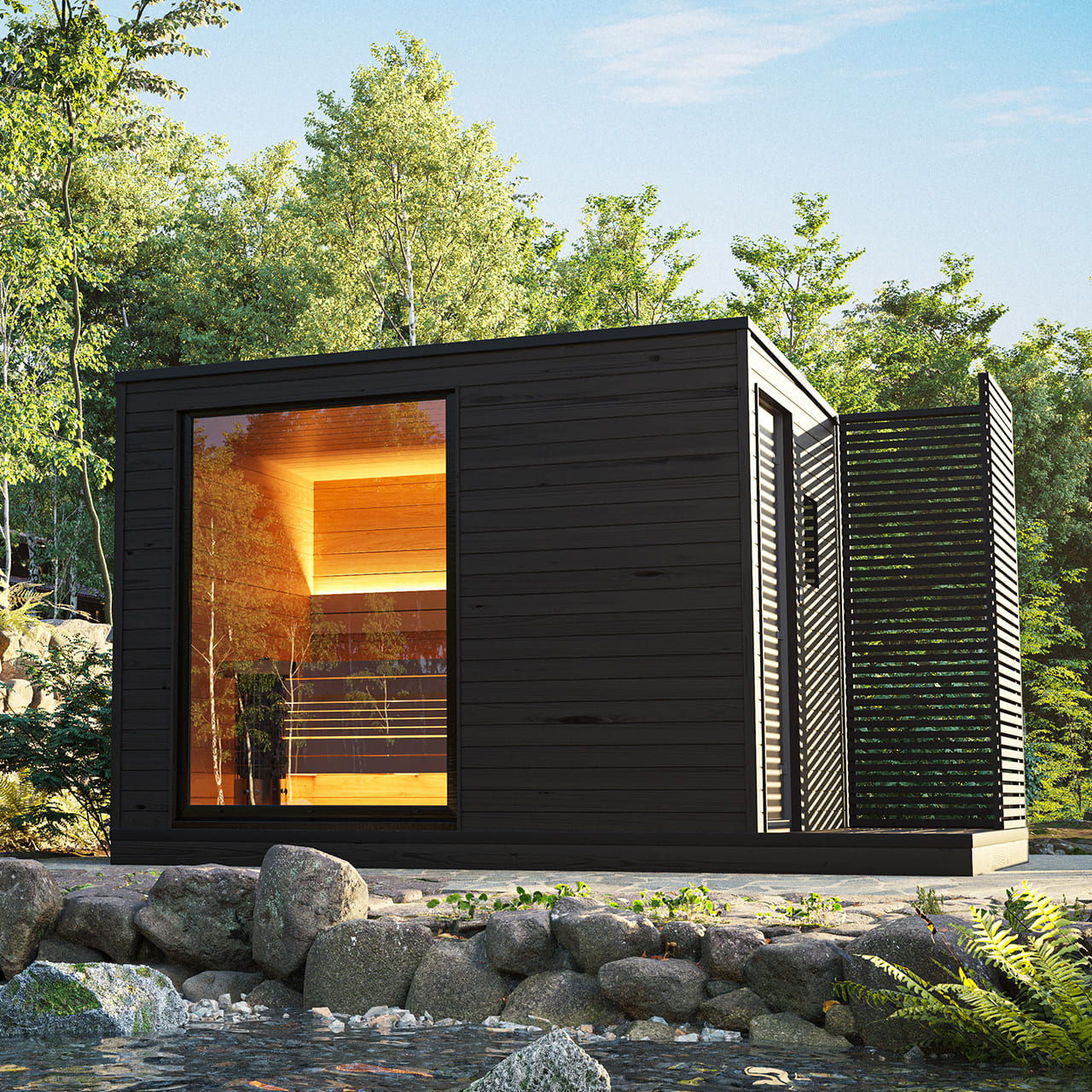 Sauna eléctrica exterior KUUT L con puerta de cristal.