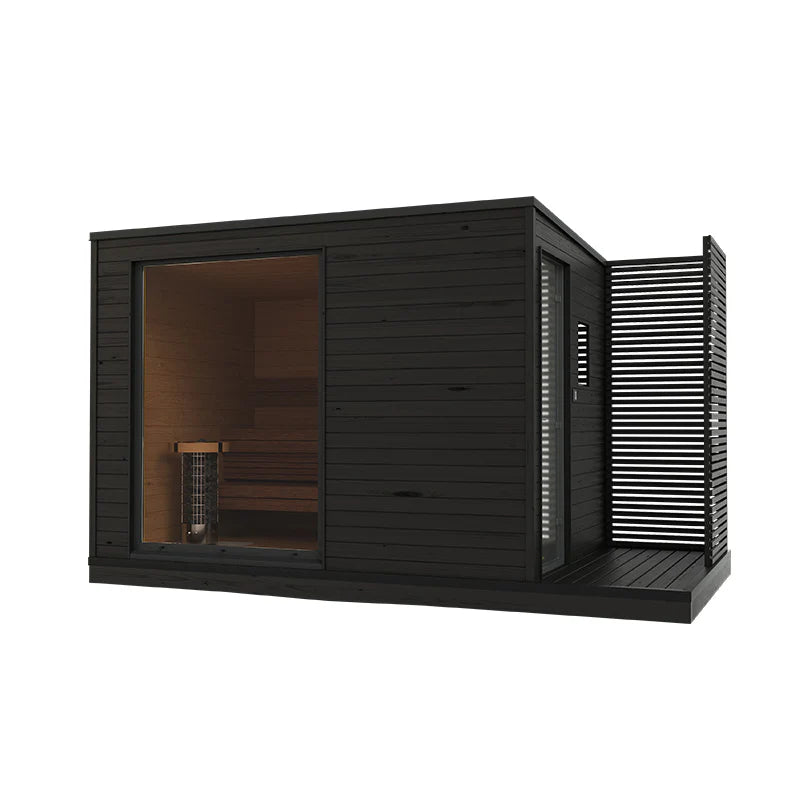 Sauna eléctrica exterior KUUT L con puerta de cristal.