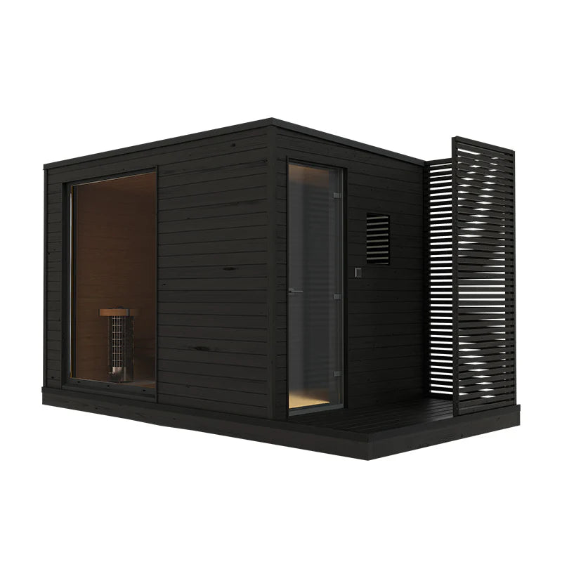 Sauna eléctrica exterior KUUT L con puerta abierta.