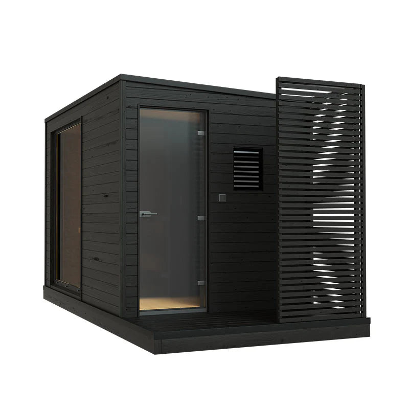 Sauna eléctrica exterior KUUT L con puerta de cristal.