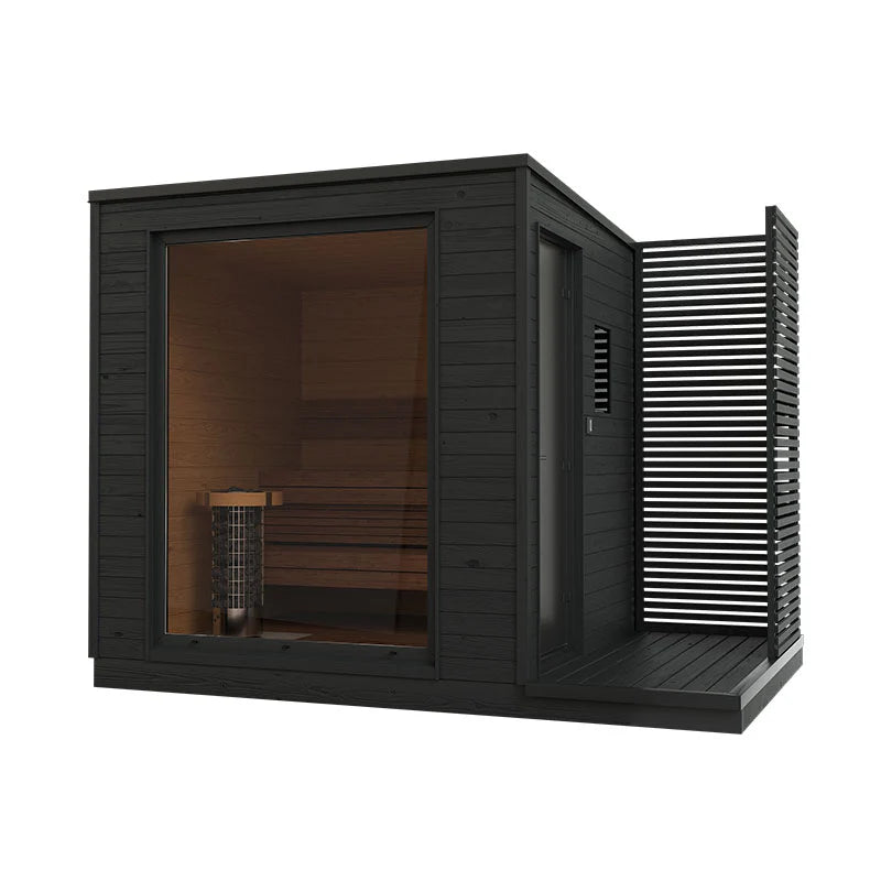 Sauna eléctrica de exterior KUUT L, madera nórdica, diseño elegante.