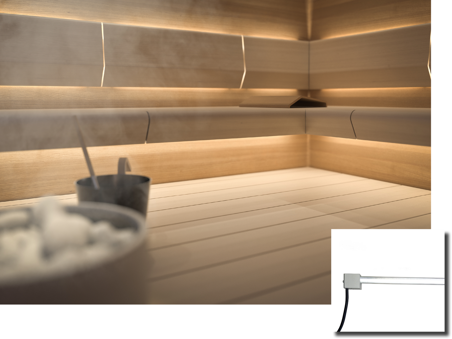 Cariitti Linear LED 2m en sauna con cubo de sal.