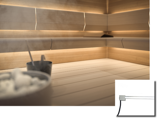 Cariitti Linear LED 2m en sauna con cubo de sal.