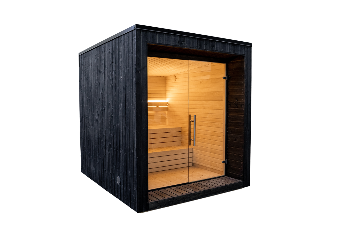 Sauna LUMI con puerta de cristal y diseño nórdico minimalista.