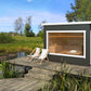 Saunamo Sauna al aire libre Modular en una cubierta con sillas.