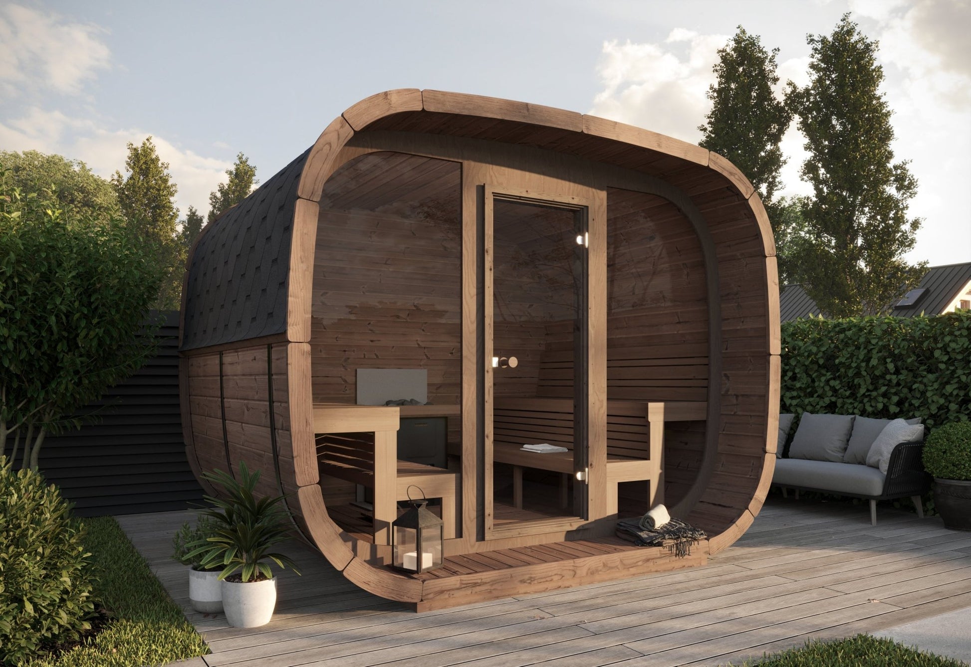 Saunamo Sauna Cubus con estructura de madera y cristal.