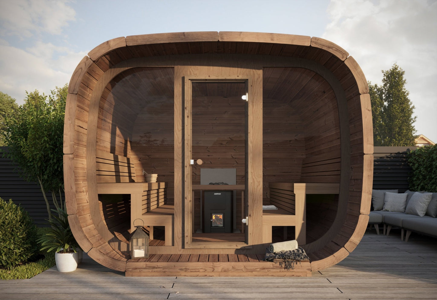 Saunamo Sauna Cubus de madera con chimenea y vistas al exterior.