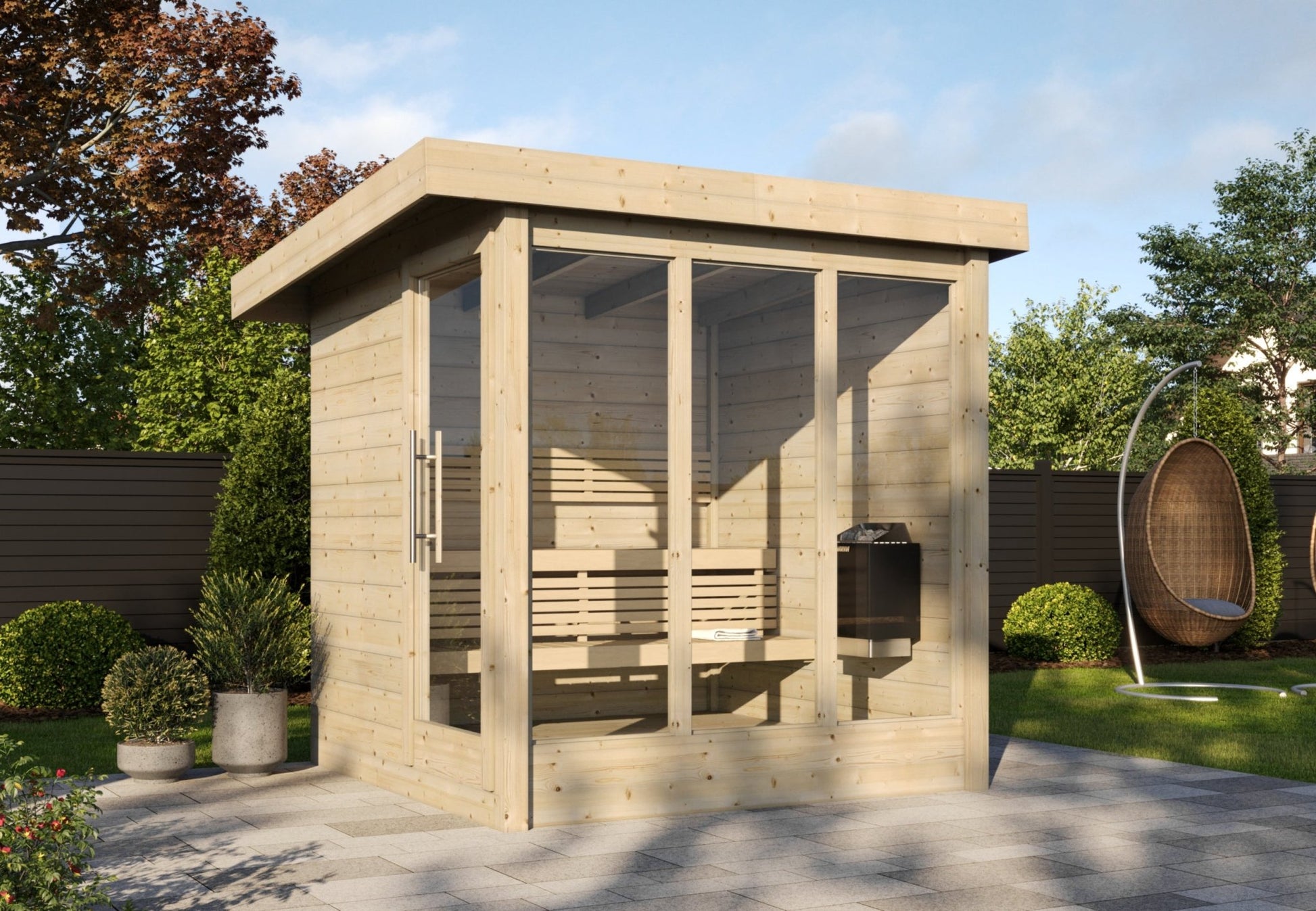 Saunamo Sauna exterior Deluxe con puertas de cristal.