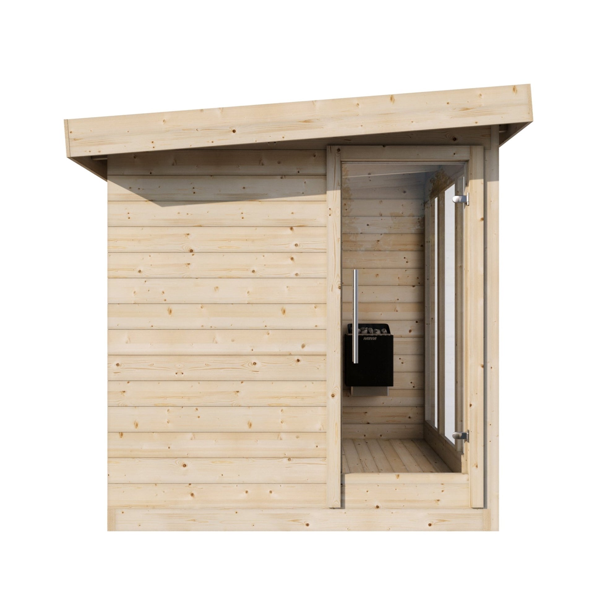 Saunamo Sauna exterior Deluxe con puerta abierta y parrilla.