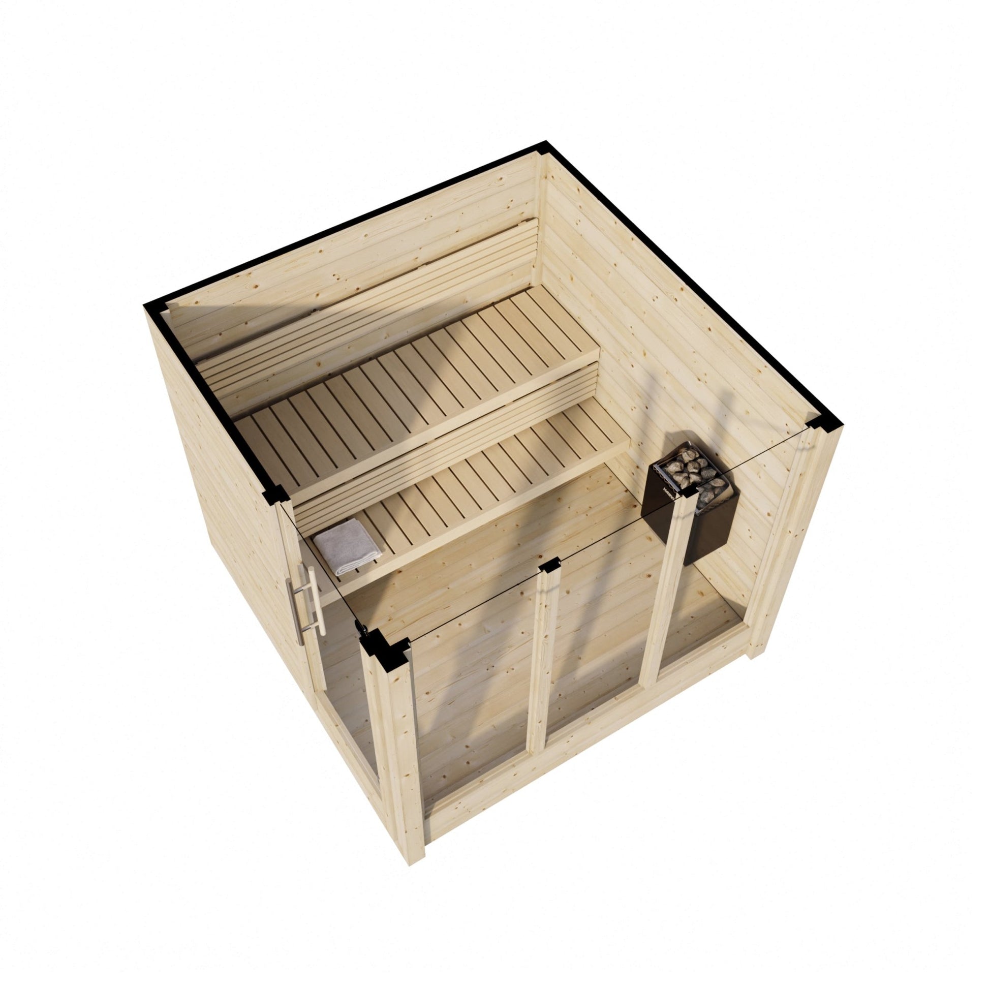 Saunamo Sauna Deluxe de madera con puertas de cristal.