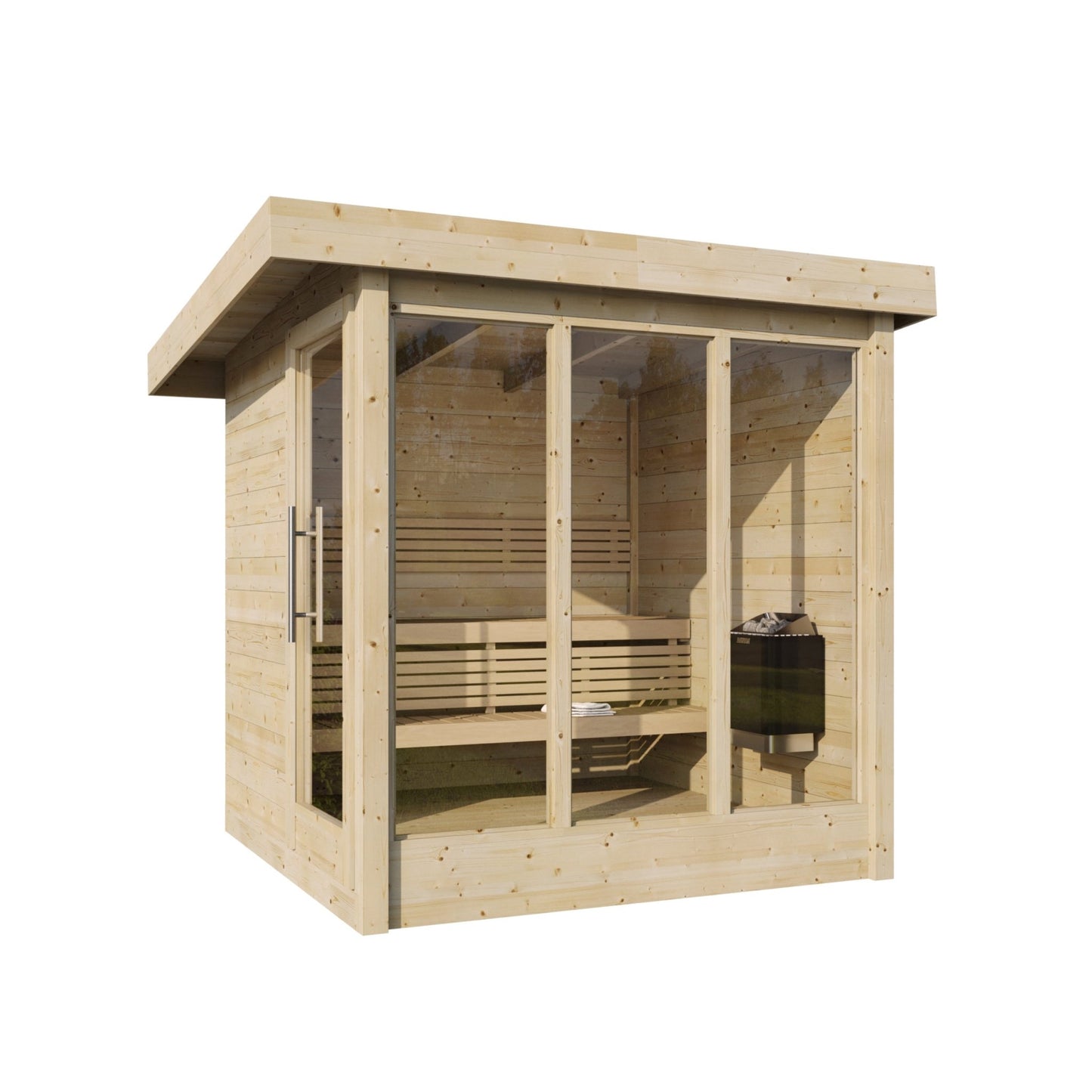 Saunamo Sauna exterior Deluxe con puertas de cristal.