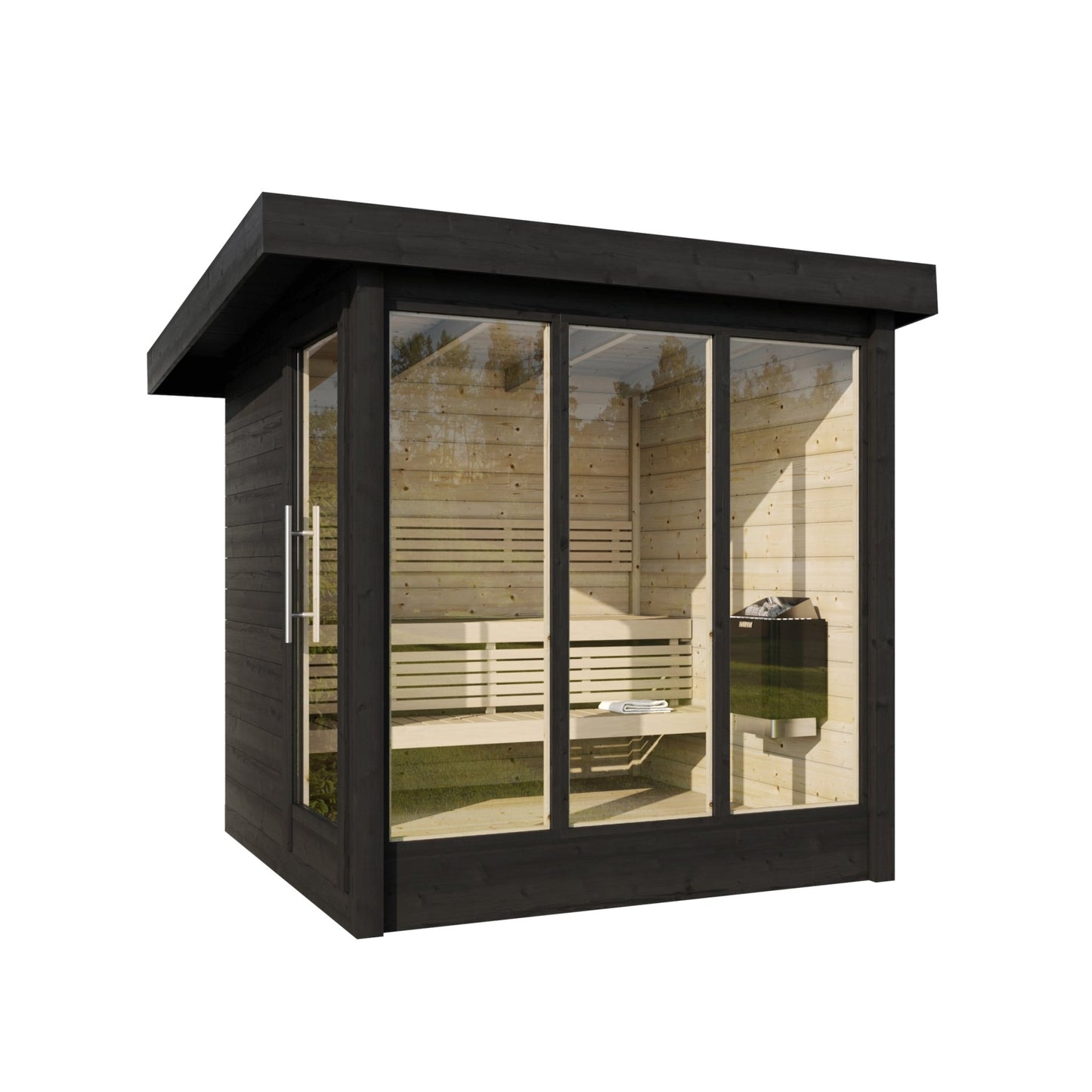 Saunamo Sauna exterior Deluxe con puertas de cristal.